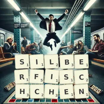 Kreative Illustration für ein Scrabble-Spiel, bei dem das Wort SILBERFISCHCHEN mit Steinen auf dem Brett gelegt wurde.