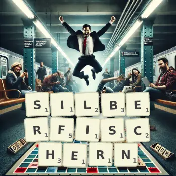 Kreative Illustration für ein Scrabble-Spiel, bei dem das Wort SILBERFISCHERN mit Steinen auf dem Brett gelegt wurde.