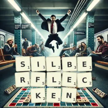 Kreative Illustration für ein Scrabble-Spiel, bei dem das Wort SILBERFLECKEN mit Steinen auf dem Brett gelegt wurde.