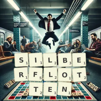 Kreative Illustration für ein Scrabble-Spiel, bei dem das Wort SILBERFLOTTEN mit Steinen auf dem Brett gelegt wurde.