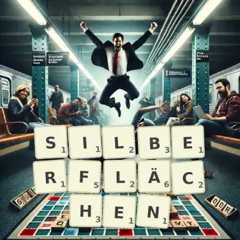 Kreative Illustration für ein Scrabble-Spiel, bei dem das Wort SILBERFLÄCHEN mit Steinen auf dem Brett gelegt wurde.