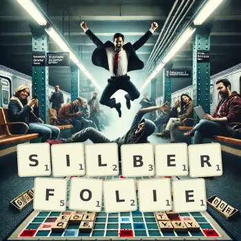 Kreative Illustration für ein Scrabble-Spiel, bei dem das Wort SILBERFOLIE mit Steinen auf dem Brett gelegt wurde.
