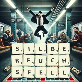 Kreative Illustration für ein Scrabble-Spiel, bei dem das Wort SILBERFUCHSFELL mit Steinen auf dem Brett gelegt wurde.