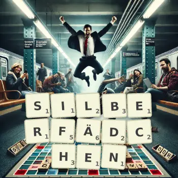 Kreative Illustration für ein Scrabble-Spiel, bei dem das Wort SILBERFÄDCHEN mit Steinen auf dem Brett gelegt wurde.