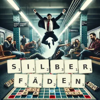 Kreative Illustration für ein Scrabble-Spiel, bei dem das Wort SILBERFÄDEN mit Steinen auf dem Brett gelegt wurde.