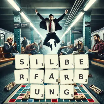 Kreative Illustration für ein Scrabble-Spiel, bei dem das Wort SILBERFÄRBUNG mit Steinen auf dem Brett gelegt wurde.