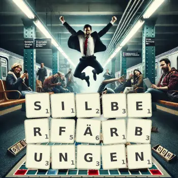 Kreative Illustration für ein Scrabble-Spiel, bei dem das Wort SILBERFÄRBUNGEN mit Steinen auf dem Brett gelegt wurde.