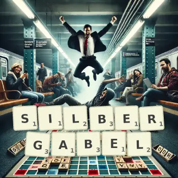 Kreative Illustration für ein Scrabble-Spiel, bei dem das Wort SILBERGABEL mit Steinen auf dem Brett gelegt wurde.