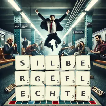 Kreative Illustration für ein Scrabble-Spiel, bei dem das Wort SILBERGEFLECHTE mit Steinen auf dem Brett gelegt wurde.