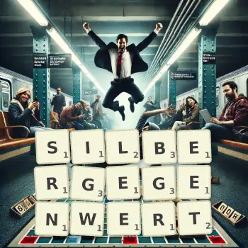 Kreative Illustration für ein Scrabble-Spiel, bei dem das Wort SILBERGEGENWERT mit Steinen auf dem Brett gelegt wurde.