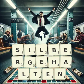 Kreative Illustration für ein Scrabble-Spiel, bei dem das Wort SILBERGEHALTEN mit Steinen auf dem Brett gelegt wurde.