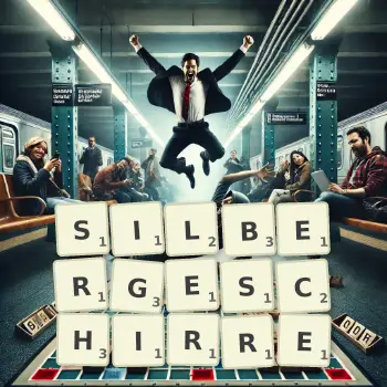Kreative Illustration für ein Scrabble-Spiel, bei dem das Wort SILBERGESCHIRRE mit Steinen auf dem Brett gelegt wurde.
