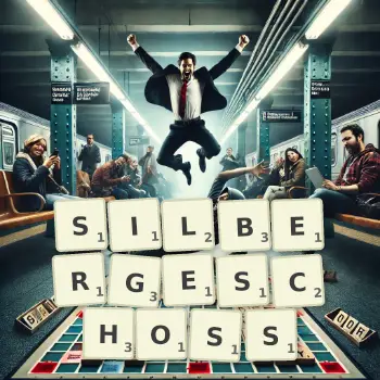 Kreative Illustration für ein Scrabble-Spiel, bei dem das Wort SILBERGESCHOSS mit Steinen auf dem Brett gelegt wurde.