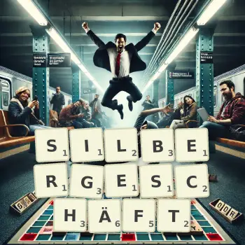 Kreative Illustration für ein Scrabble-Spiel, bei dem das Wort SILBERGESCHÄFT mit Steinen auf dem Brett gelegt wurde.