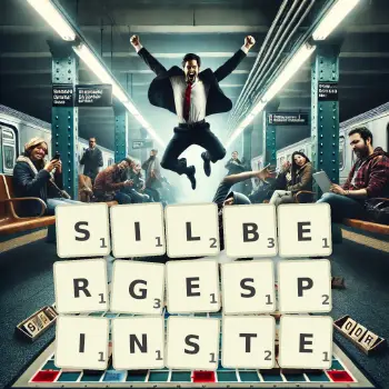 Kreative Illustration für ein Scrabble-Spiel, bei dem das Wort SILBERGESPINSTE mit Steinen auf dem Brett gelegt wurde.