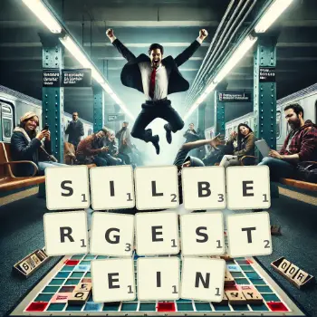 Kreative Illustration für ein Scrabble-Spiel, bei dem das Wort SILBERGESTEIN mit Steinen auf dem Brett gelegt wurde.