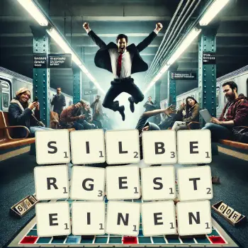 Kreative Illustration für ein Scrabble-Spiel, bei dem das Wort SILBERGESTEINEN mit Steinen auf dem Brett gelegt wurde.