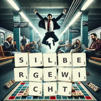 Kreative Illustration für ein Scrabble-Spiel, bei dem das Wort SILBERGEWICHT mit Steinen auf dem Brett gelegt wurde.