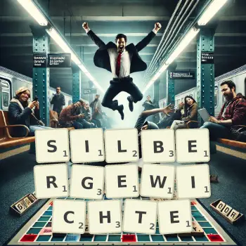Kreative Illustration für ein Scrabble-Spiel, bei dem das Wort SILBERGEWICHTE mit Steinen auf dem Brett gelegt wurde.