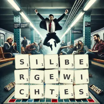 Kreative Illustration für ein Scrabble-Spiel, bei dem das Wort SILBERGEWICHTES mit Steinen auf dem Brett gelegt wurde.