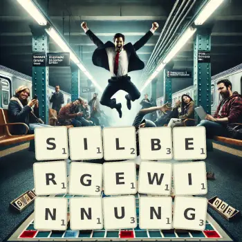 Kreative Illustration für ein Scrabble-Spiel, bei dem das Wort SILBERGEWINNUNG mit Steinen auf dem Brett gelegt wurde.