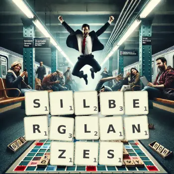 Kreative Illustration für ein Scrabble-Spiel, bei dem das Wort SILBERGLANZES mit Steinen auf dem Brett gelegt wurde.