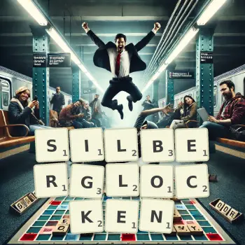 Kreative Illustration für ein Scrabble-Spiel, bei dem das Wort SILBERGLOCKEN mit Steinen auf dem Brett gelegt wurde.