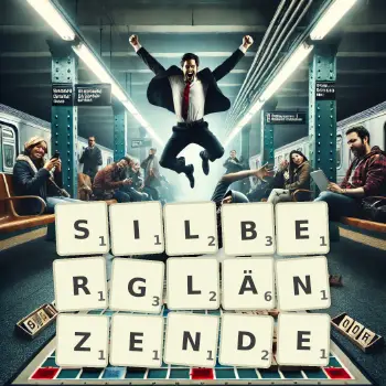 Kreative Illustration für ein Scrabble-Spiel, bei dem das Wort SILBERGLÄNZENDE mit Steinen auf dem Brett gelegt wurde.