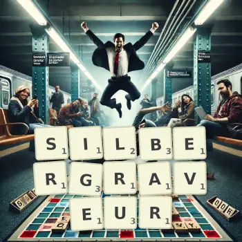 Kreative Illustration für ein Scrabble-Spiel, bei dem das Wort SILBERGRAVEUR mit Steinen auf dem Brett gelegt wurde.