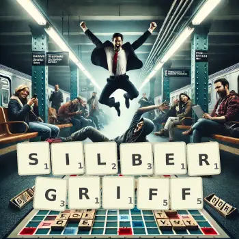 Kreative Illustration für ein Scrabble-Spiel, bei dem das Wort SILBERGRIFF mit Steinen auf dem Brett gelegt wurde.