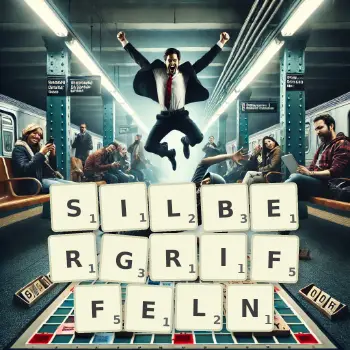 Kreative Illustration für ein Scrabble-Spiel, bei dem das Wort SILBERGRIFFELN mit Steinen auf dem Brett gelegt wurde.