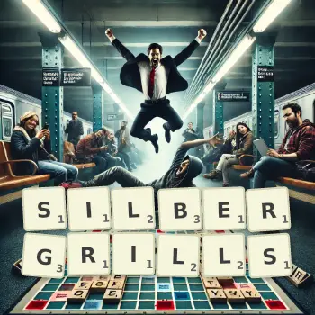 Kreative Illustration für ein Scrabble-Spiel, bei dem das Wort SILBERGRILLS mit Steinen auf dem Brett gelegt wurde.