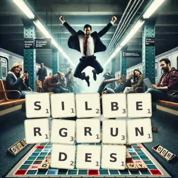 Kreative Illustration für ein Scrabble-Spiel, bei dem das Wort SILBERGRUNDES mit Steinen auf dem Brett gelegt wurde.
