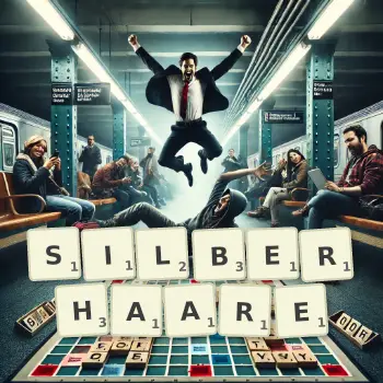 Kreative Illustration für ein Scrabble-Spiel, bei dem das Wort SILBERHAARE mit Steinen auf dem Brett gelegt wurde.