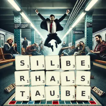 Kreative Illustration für ein Scrabble-Spiel, bei dem das Wort SILBERHALSTAUBE mit Steinen auf dem Brett gelegt wurde.
