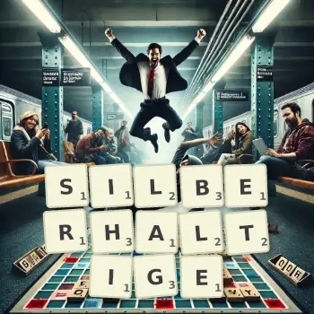 Kreative Illustration für ein Scrabble-Spiel, bei dem das Wort SILBERHALTIGE mit Steinen auf dem Brett gelegt wurde.