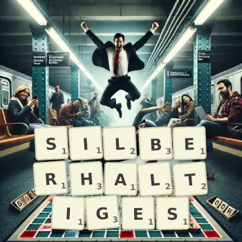 Kreative Illustration für ein Scrabble-Spiel, bei dem das Wort SILBERHALTIGES mit Steinen auf dem Brett gelegt wurde.