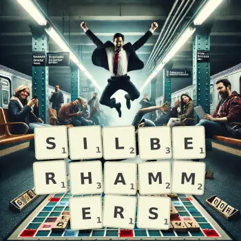 Kreative Illustration für ein Scrabble-Spiel, bei dem das Wort SILBERHAMMERS mit Steinen auf dem Brett gelegt wurde.