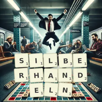 Kreative Illustration für ein Scrabble-Spiel, bei dem das Wort SILBERHANDELN mit Steinen auf dem Brett gelegt wurde.