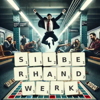 Kreative Illustration für ein Scrabble-Spiel, bei dem das Wort SILBERHANDWERK mit Steinen auf dem Brett gelegt wurde.