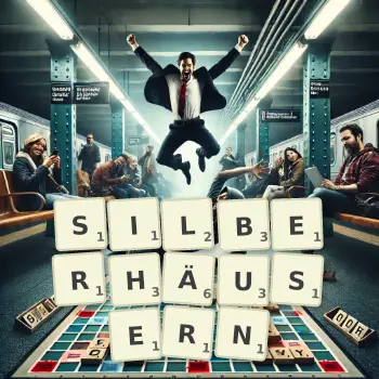 Kreative Illustration für ein Scrabble-Spiel, bei dem das Wort SILBERHÄUSERN mit Steinen auf dem Brett gelegt wurde.