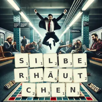 Kreative Illustration für ein Scrabble-Spiel, bei dem das Wort SILBERHÄUTCHEN mit Steinen auf dem Brett gelegt wurde.