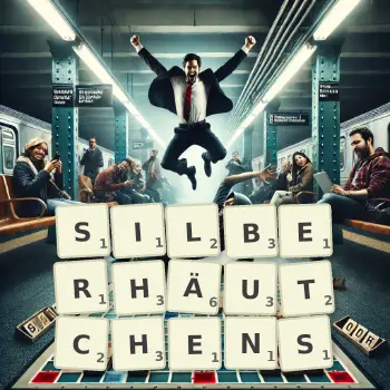 Kreative Illustration für ein Scrabble-Spiel, bei dem das Wort SILBERHÄUTCHENS mit Steinen auf dem Brett gelegt wurde.
