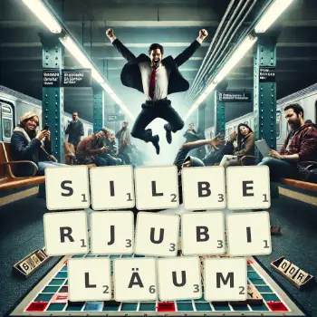 Kreative Illustration für ein Scrabble-Spiel, bei dem das Wort SILBERJUBILÄUM mit Steinen auf dem Brett gelegt wurde.