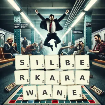 Kreative Illustration für ein Scrabble-Spiel, bei dem das Wort SILBERKARAWANE mit Steinen auf dem Brett gelegt wurde.
