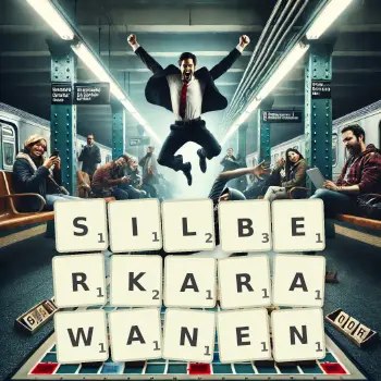 Kreative Illustration für ein Scrabble-Spiel, bei dem das Wort SILBERKARAWANEN mit Steinen auf dem Brett gelegt wurde.