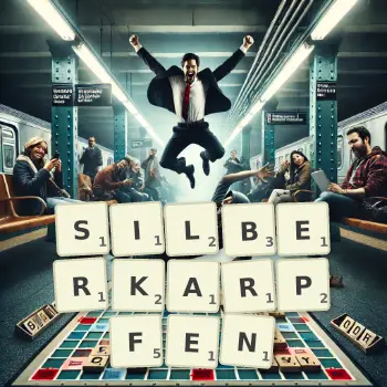 Kreative Illustration für ein Scrabble-Spiel, bei dem das Wort SILBERKARPFEN mit Steinen auf dem Brett gelegt wurde.