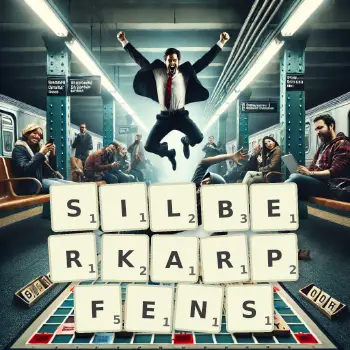Kreative Illustration für ein Scrabble-Spiel, bei dem das Wort SILBERKARPFENS mit Steinen auf dem Brett gelegt wurde.