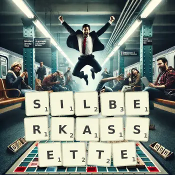 Kreative Illustration für ein Scrabble-Spiel, bei dem das Wort SILBERKASSETTE mit Steinen auf dem Brett gelegt wurde.