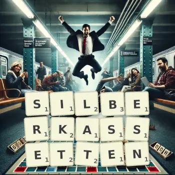 Kreative Illustration für ein Scrabble-Spiel, bei dem das Wort SILBERKASSETTEN mit Steinen auf dem Brett gelegt wurde.